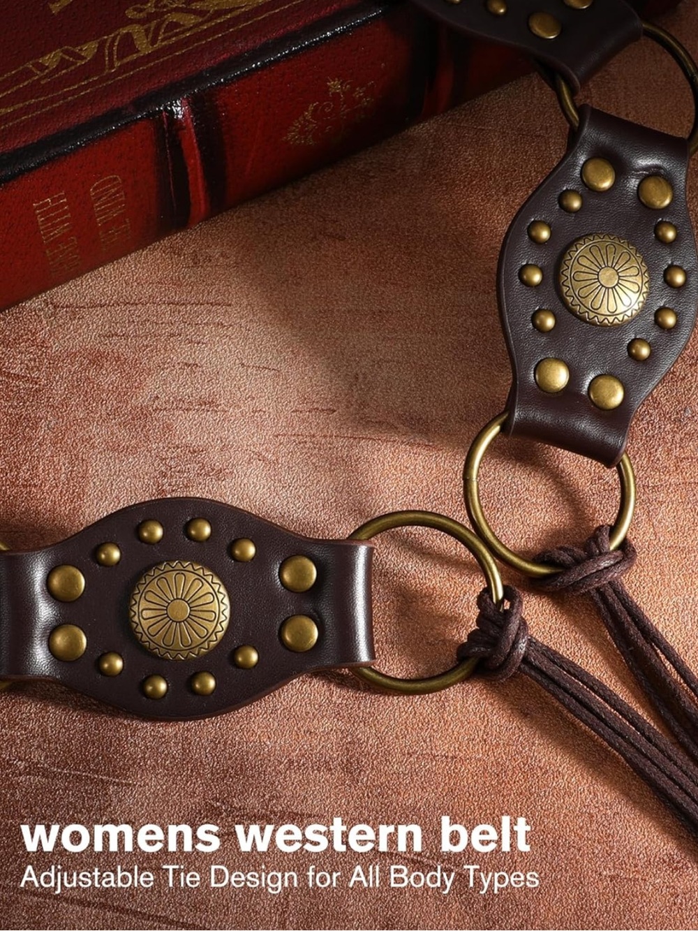 Studded Brown Vegan Leather Western Belt with Tassel - Picture 2 of 2
